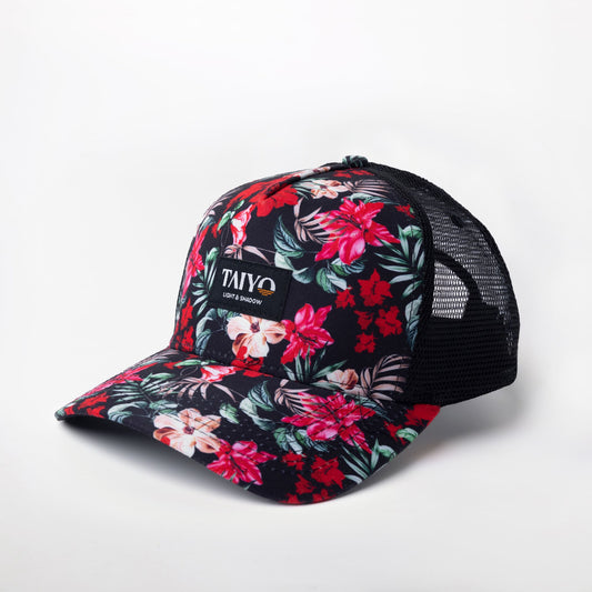 casquette trucker fleurs rouge et noir