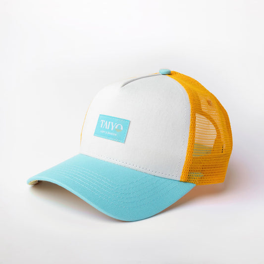 casquette trucker palmier orange et bleu